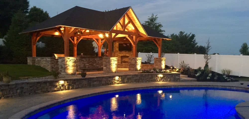 pool hardscape with firepit