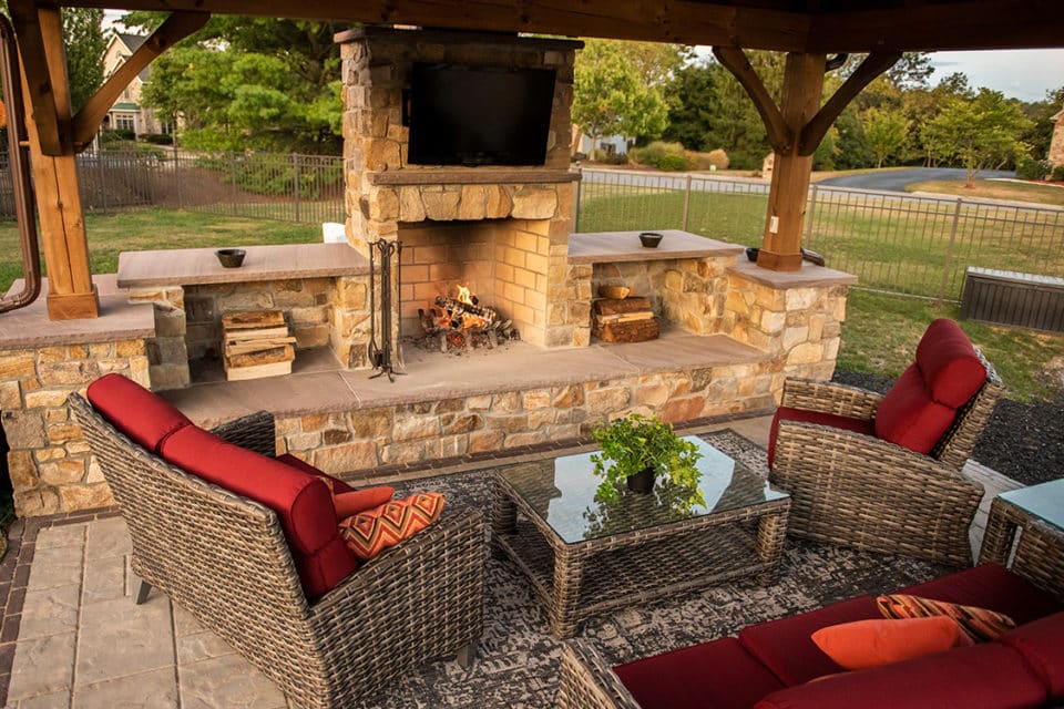 A fire feature in a pavilion.